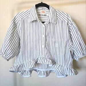Upcycled Button-Down Cropped Spring Cotton Ruffle White Striped Blouse Size M